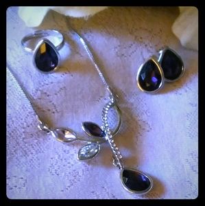 Purple Teardrop Crystals Necklace, Earring, & Ring